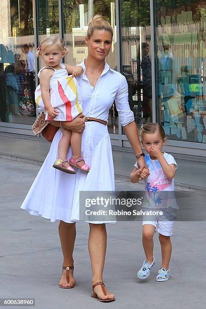 Michelle Hunziker is seen with Sole and Celeste Trussardi on the first day of school on September 8, 2016 in Milan, Italy.