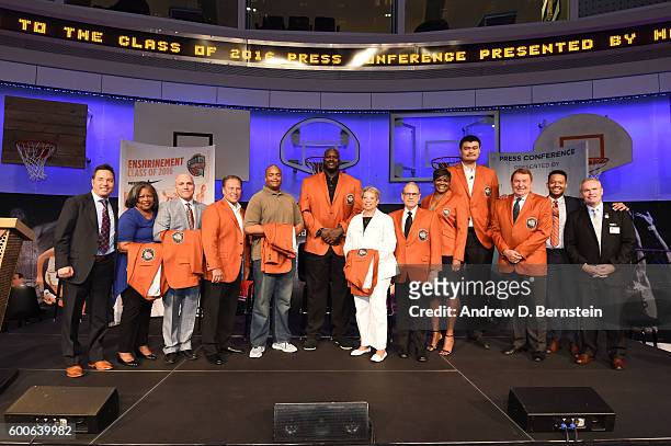 The class of 2016 poses for a photo during the Class of 2016 Press Event as part of the 2013 Basketball Hall of Fame Enshrinement Ceremony on...