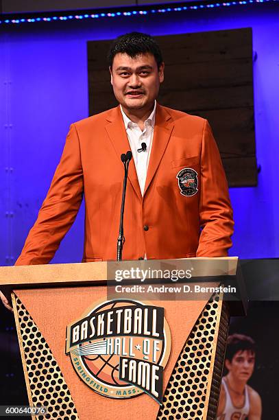 Inductee Yao Ming addresses the media during the Class of 2016 Press Event as part of the 2013 Basketball Hall of Fame Enshrinement Ceremony on...