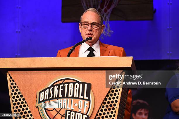 Inductee Jerry Reinsdorf addresses the media during the Class of 2016 Press Event as part of the 2013 Basketball Hall of Fame Enshrinement Ceremony...