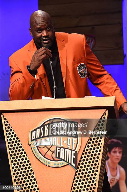 Inductee Shaquille O'Neal addresses the media during the Class of 2016 Press Event as part of the 2013 Basketball Hall of Fame Enshrinement Ceremony...