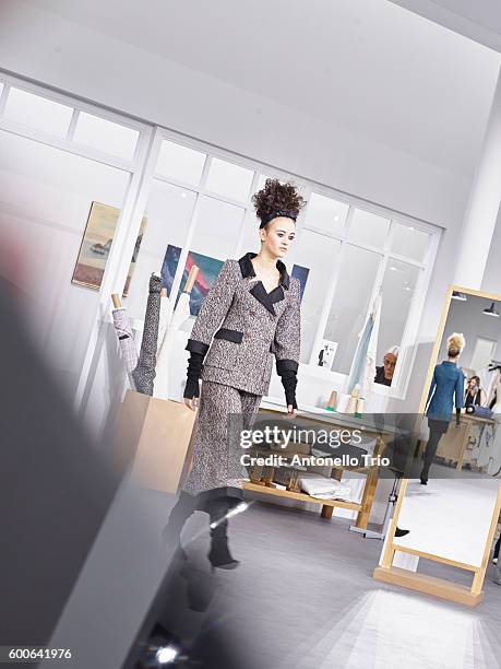 Model poses Backstage prior the Chanel Haute Couture Fall/Winter 2016-2017 show as part of Paris Fashion Week on July 5, 2016 in Paris, France.