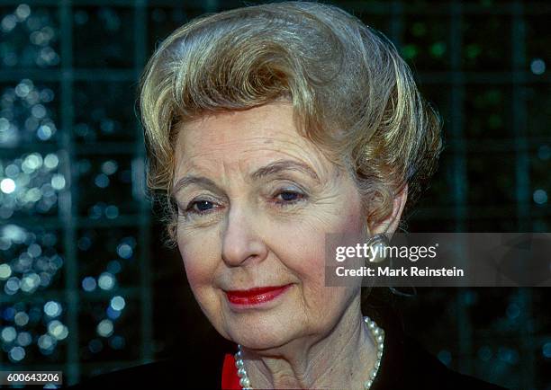 Close-up of American conservative activist Phyllis Schlafly outside the ABC TV Studios, Washington DC, 1990s. She was at a press conference following...