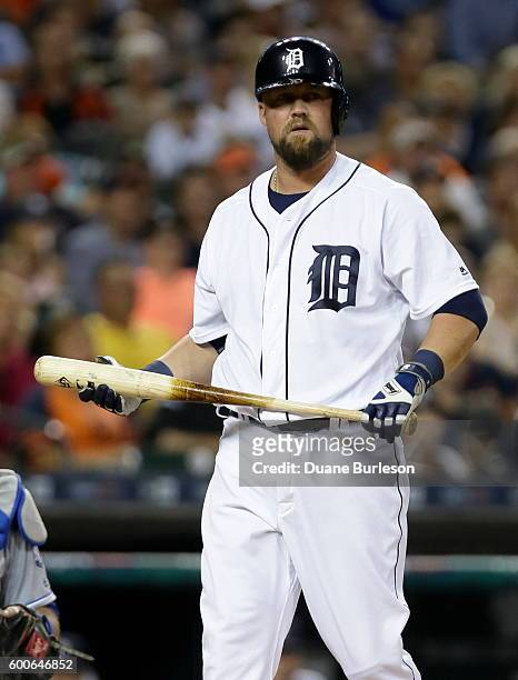 Casey McGehee of the Detroit Tigers at bat against the Kansas City Royals at Comerica Park on August 17, 2016 in Detroit, Michigan.