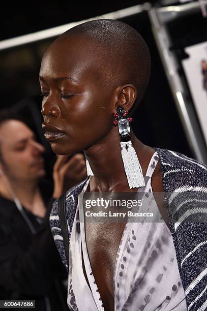 Model poses for photographs backstage at the Desigual fashion show during New York Fashion Week: The Shows September 2016 at The Arc, Skylight at...