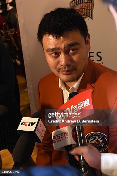 Inductee Yao Ming speaks to the media during the Class of 2016 Press Event as part of the 2013 Basketball Hall of Fame Enshrinement Ceremony on...