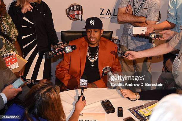 Inductee Allen Iverson speaks to the media during the Class of 2016 Press Event as part of the 2013 Basketball Hall of Fame Enshrinement Ceremony on...