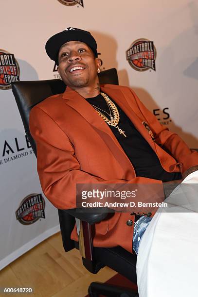 Inductee Allen Iverson speaks to the media during the Class of 2016 Press Event as part of the 2013 Basketball Hall of Fame Enshrinement Ceremony on...