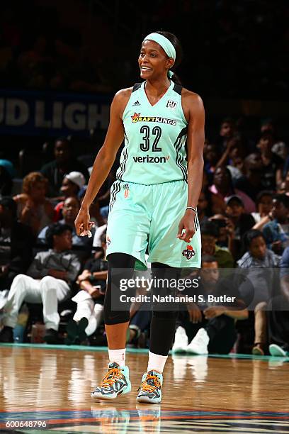 Swin Cash of the New York Liberty looks on against the Phoenix Mercury during a WNBA game on September 3, 2016 at Madison Square Garden in New York...