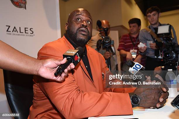 Inductee Shaquille O'Neal speaks to the media during the Class of 2016 Press Event as part of the 2013 Basketball Hall of Fame Enshrinement Ceremony...