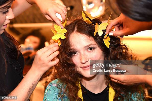 Model has her hair done backstage at the Desigual fashion show during New York Fashion Week: The Shows September 2016 at The Arc, Skylight at...