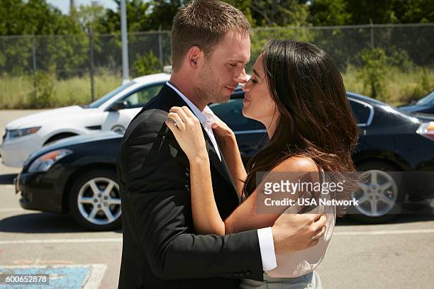 The Hand That Feeds You" Episode 609 -- Pictured: Patrick J. Adams as Michael Ross, Meghan Markle as Rachel Zane --