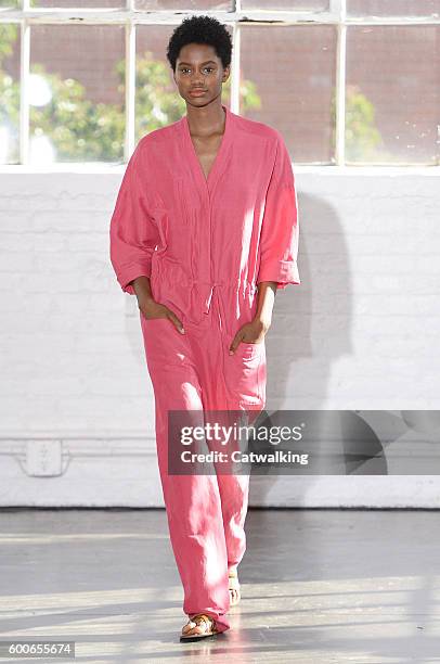Model walks the runway at the Creatures of Comfort Spring Summer 2017 fashion show during New York Fashion Week on September 8, 2016 in New York,...