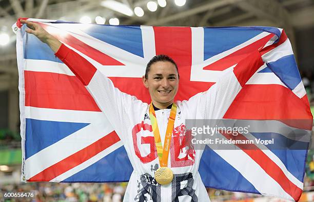 Gold medalist Sarah Storey of Great Britain celebrates on the podium at the medal ceremony for the women's C5 3000m individual pursuit track cycling...