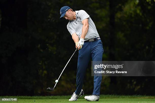 Jordan Spieth hits his tee shot on the second hole during the first round of the BMW Championship at Crooked Stick Golf Club on September 8, 2016 in...