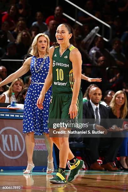 Sue Bird of the Seattle Storm and Head Coach Jenny Boucek react to a play against the New York Liberty on September 7, 2016 at Madison Square Garden...