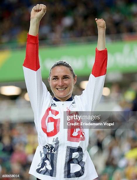 Gold medalist Sarah Storey of Great Britain celebrates on the podium at the medal ceremony for the women's C5 3000m individual pursuit track cycling...