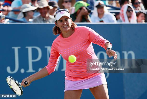 Gigi Fernandez is seen as she and James Blake play against Lukas Greif and Ann Li during their Exhibition Doubles Match on Day Eleven of the 2016 US...