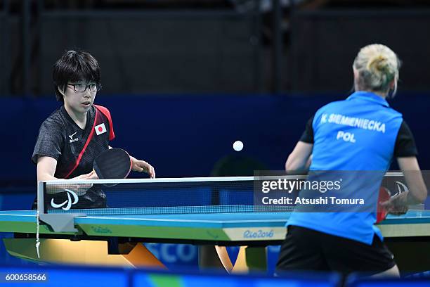 Maki Ito of Japan competes in the women's singles Table Tennis - Class 11 on day 1 of the Rio 2016 Paralympic Games at Riocentro - Pavilion 3 on...