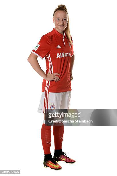 Anna Gerhardt of FC Bayern Muenchen poses during the Allianz Women's Bundesliga Club Tour on September 4, 2016 in Aschheim, Germany.