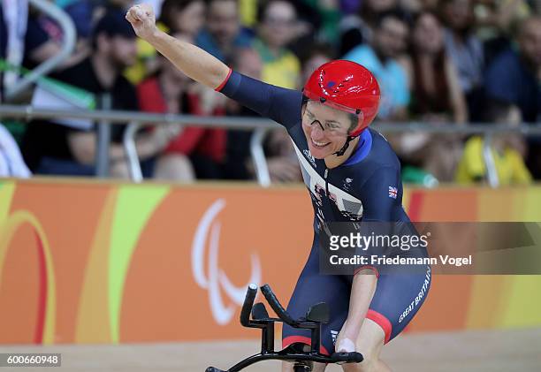 Sarah Storey of Great Britain celebrates after the womens C5 3000m individual pursuit track cycling on day 1 of the Rio 2016 Paralympic Games at the...