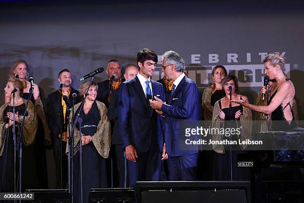 Matteo and Andrea Bocelli attend the Basilica di Santa Croce Dinner and Reception as part of Celebrity Fight Night Italy benefitting the Andrea...