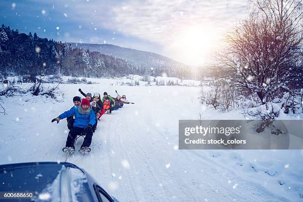 fun time on sled - car sunset arm stock pictures, royalty-free photos & images