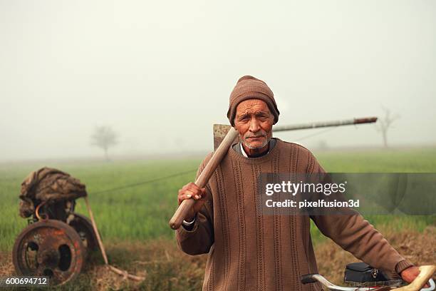 velho agricultor indiano em pé em campo verde - enxada-equipamento-de-jardinagem - fotografias e filmes do acervo