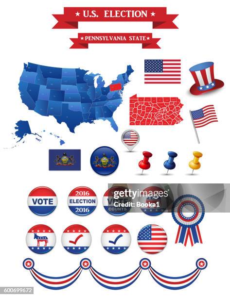 ilustraciones, imágenes clip art, dibujos animados e iconos de stock de elecciones presidenciales de estados unidos de 2016. estado de pensilvania - partido republicano americano