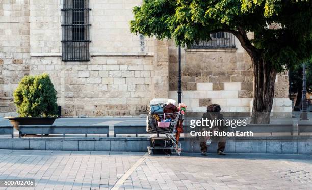 homeless with his cart at the street - homelessness stock-fotos und bilder