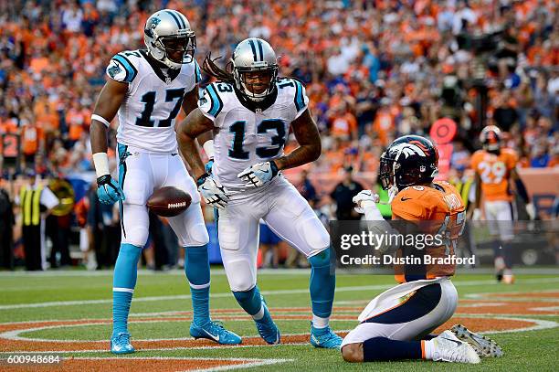 Wide receiver Kelvin Benjamin of the Carolina Panthers celebrates after scoring on a 14-yard touchdown reception in the first quarter against the...