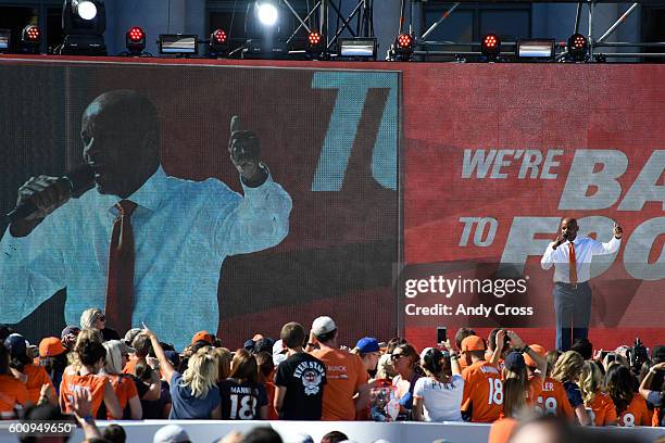 September 08: Denver Mayor Michael Hancock starts off the NFL kickoff event at Civic Center Park September 08, 2016. The 2016 NFL regular season...