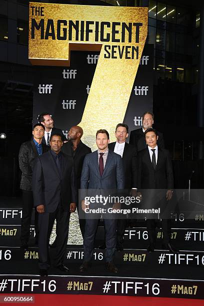 Actors Martin Sensmeier, Manuel Garcia-Rulfo, Denzel Washington, Director Antoine Fuqua, actors Chris Pratt, Ethan Hawke, Vincent D'Onofrio and...