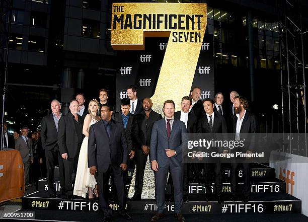 Producer Todd Black, actors Haley Bennett, Luke Grimes, Martin Sensmeier, Manuel Garcia-Rulfo, Denzel Washington, Director Antoine Fuqua, actors...