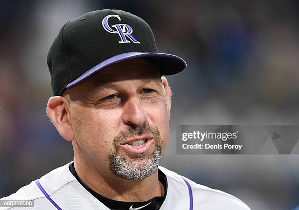 Manager Walt Weiss of the Colorado Rockies looks on before a baseball game against the San Diego Padres at PETCO Park on September 8, 2016 in San...