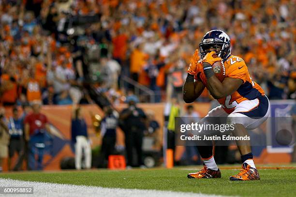 Running back C.J. Anderson of the Denver Broncos celebrates after scoring on a one-yard touchdown run in the fourth quarter against the Carolina...