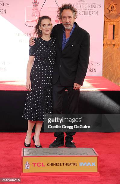 Actress Winona Ryder and director Tim Burton attend his Hand And Footprint Ceremony at TCL Chinese 6 Theatres on September 8, 2016 in Hollywood,...