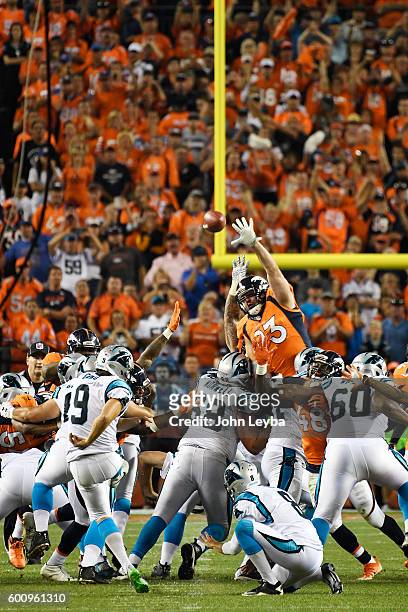 Graham Gano of the Carolina Panthers misses a game-winning field goal against the Denver Broncos during the fourth quarter of the Broncos' 21-20 win....