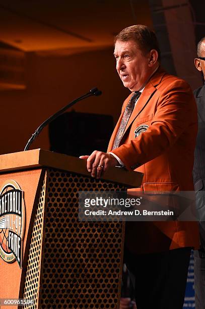 Jerry Colangelo addresses the guests at the Bunn-Gowdy Awards Dinner as part of the 2016 Basketball Hall of Fame Enshrinement Ceremony on September...