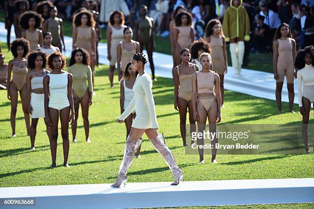 Models pose on the runway at the Kanye West Yeezy Season 4 fashion show on September 7, 2016 in New York City.