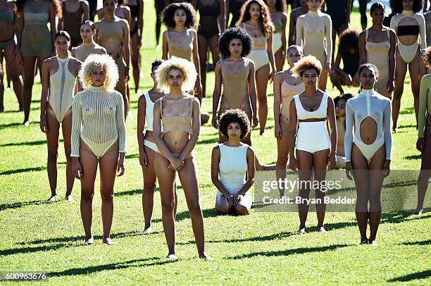 Models pose on the runway at the Kanye West Yeezy Season 4 fashion show on September 7, 2016 in New York City.