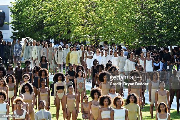 Models pose on the runway at the Kanye West Yeezy Season 4 fashion show on September 7, 2016 in New York City.