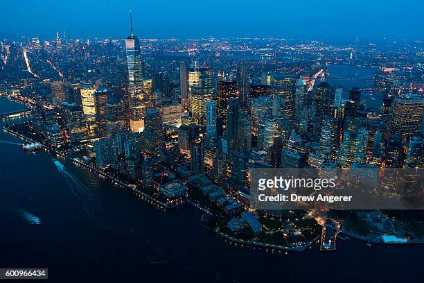An aerial view of Lower Manhattan at dusk, September 8, 2016 in New York City. New York City is preparing to mark the 15th anniversary of the...