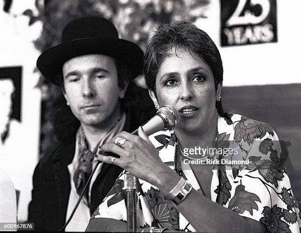 S the Edge along with Singer/Songwriter Joan Baez attend a press conference discussing The Conspiracy of Hope tour celebrating Amnesty...