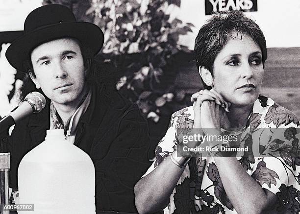 S the Edge along with Singer/Songwriter Joan Baez attend a press conference discussing The Conspiracy of Hope tour celebrating Amnesty...