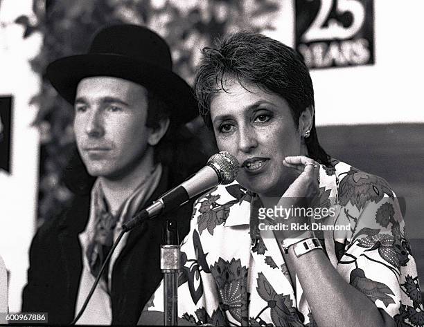 S the Edge along with Singer/Songwriter Joan Baez attend a press conference discussing The Conspiracy of Hope tour celebrating Amnesty...