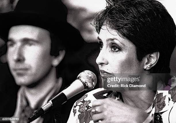 S the Edge along with Singer/Songwriter Joan Baez attend a press conference discussing The Conspiracy of Hope tour celebrating Amnesty...