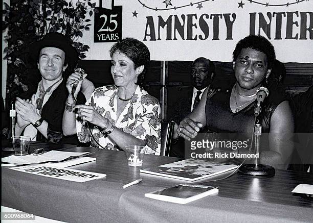 S the Edge, Singer/Songwriter Joan Baez and Aaron Neville attend a press conference discussing The Conspiracy of Hope tour celebrating Amnesty...