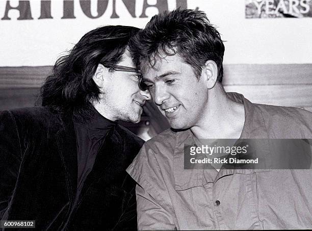 S Bono and Singer/Songwriter Peter Gabriel attend a press conference discussing The Conspiracy of Hope tour celebrating Amnesty International's 25th...