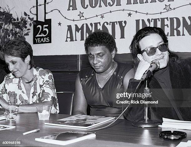 Singer/Songwriter Joan Baez, Aaron Neville and U2's Bono attend a press conference discussing The Conspiracy of Hope tour celebrating Amnesty...